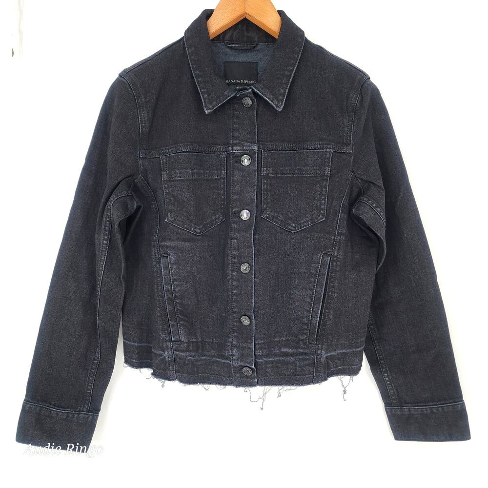Banana Republic Black Denim Jacket Raw Hem Cropped Women’s Medium